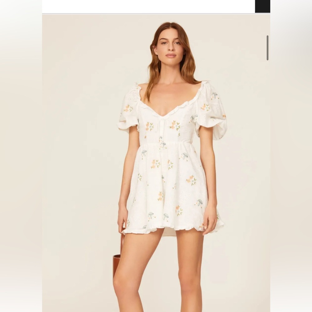 For Love & Lemons White Mini Dress with Pastel Floral Embroidery
